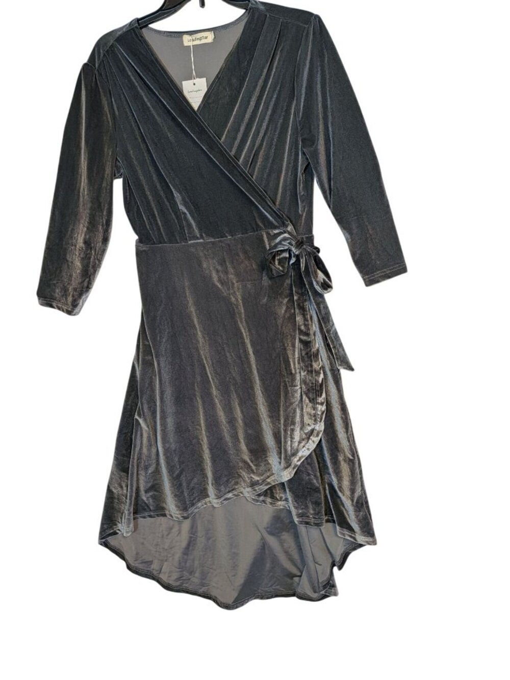 Leadingstar 2XL Gray Velvet Wrap Dress With Asymmetrical Hem & 3/4 Sleeves